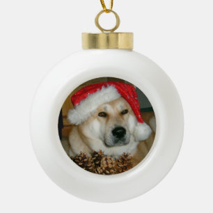 Cute akita in red santa hat with christmas cones ceramic ball christmas ornament