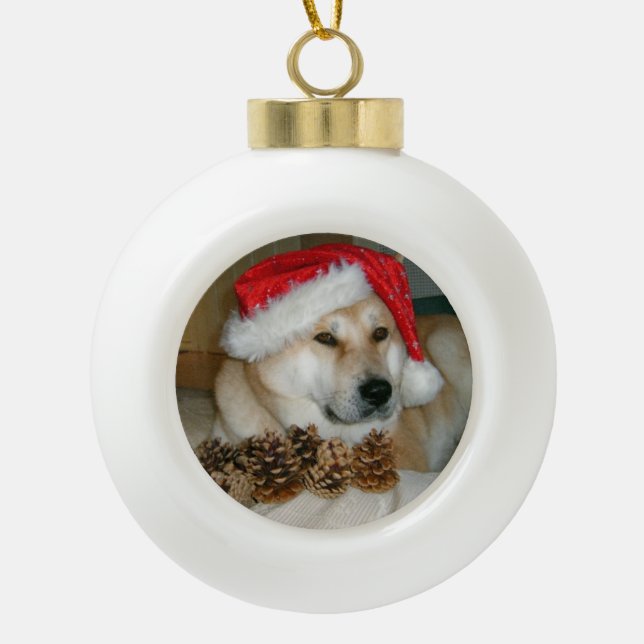 Cute akita in red santa hat with christmas cones ceramic ball christmas ornament (Front)