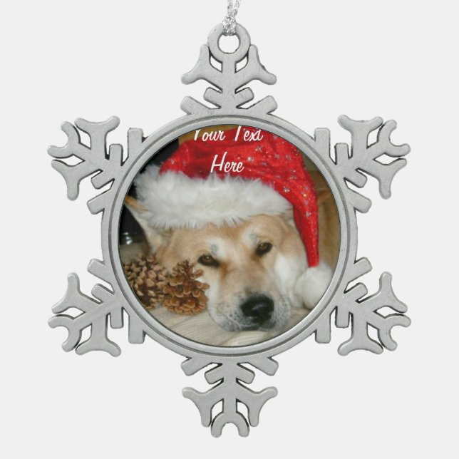 Cute akita in red santa hat with christmas cones snowflake pewter christmas ornament (Front)
