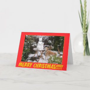 cute akita in the snow with a snowman akita photo holiday card