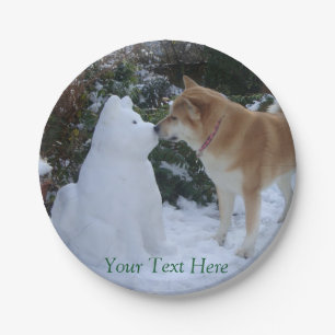 cute akita kissing snowman akita photograph paper plate