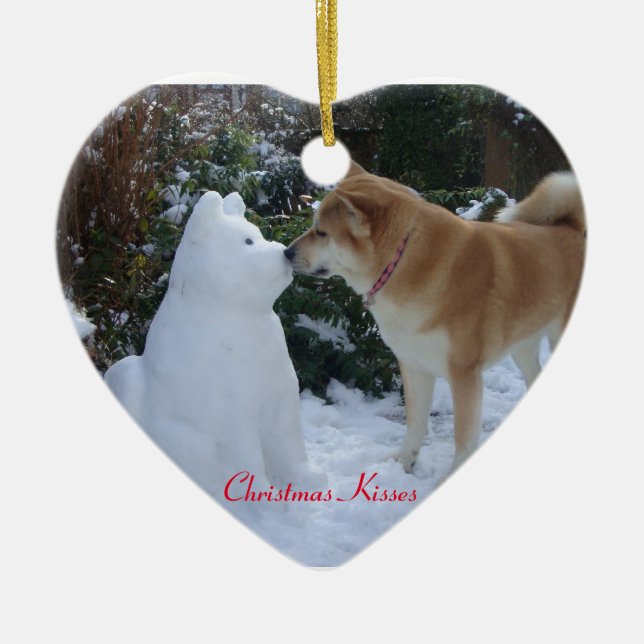 cute akita kissing snowman akita seasonal photo ceramic ornament (Front)