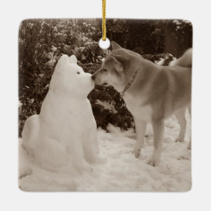 cute akita kissing snowman akita seasonal photo ceramic ornament