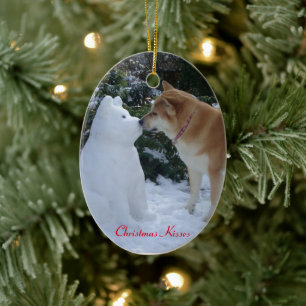 cute akita kissing snowman akita seasonal photo ceramic ornament