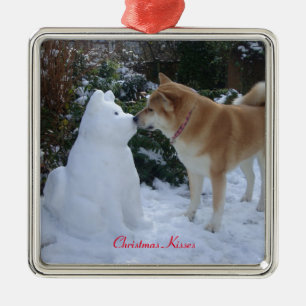 cute akita kissing snowman akita seasonal photo metal ornament