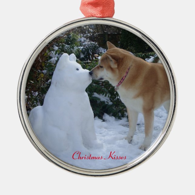 cute akita kissing snowman akita seasonal photo metal ornament (Front)