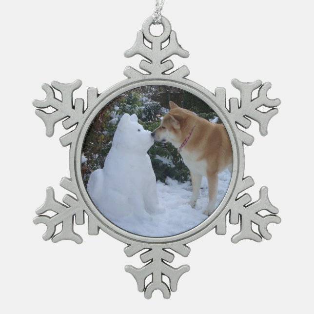cute akita kissing snowman akita seasonal snowflake pewter christmas ornament (Front)