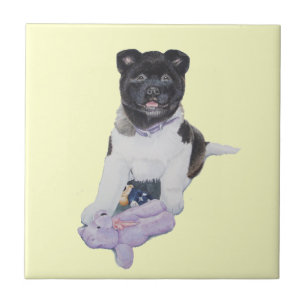 cute akita puppy black white dog with teddy art tile