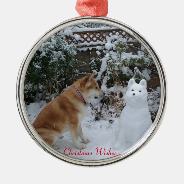 cute akita sitting with snowman snow dog metal ornament (Front)