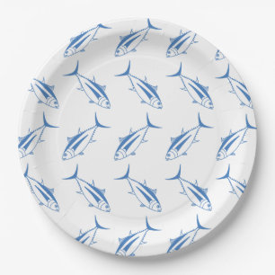 Cute Albacore Tuna Fish in Aegean Blue and White Paper Plate