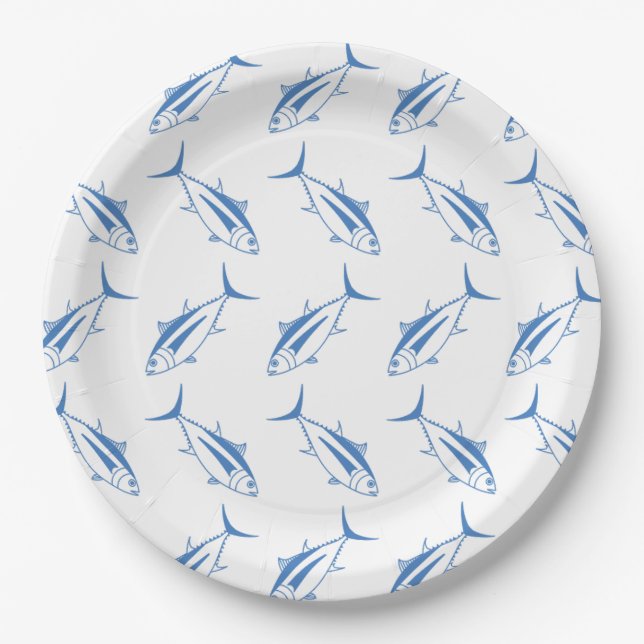 Cute Albacore Tuna Fish in Aegean Blue and White Paper Plate (Front)