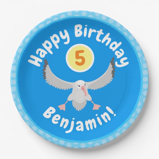 Cute albatross bird flying cartoon illustration paper plate (Front)