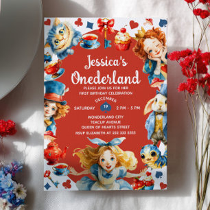 Cute Alice in ONEDERLAND 1st Birthday Tea Party Invitation