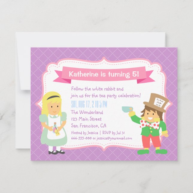 Cute Alice in Wonderland Birthday Tea Party Invitation (Front)