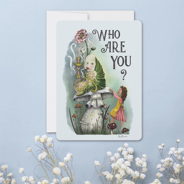Cute Alice in Wonderland Mushroom Caterpillar Card (Pastel blue alice in wonderland flat card with a caterpillar smoking a hookah pipe on a mushroom)