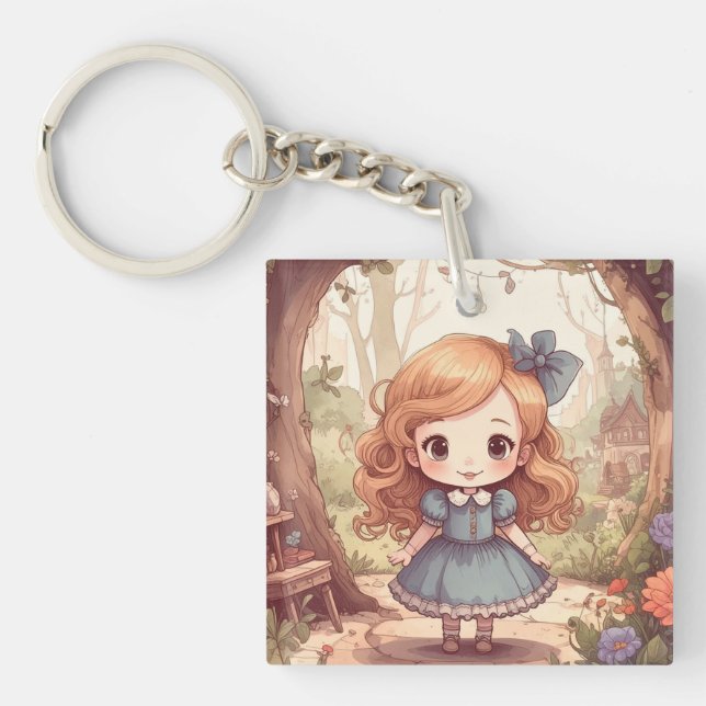 Cute Alice in Wonderland Whimsical Woodland Art Keychain (Front)