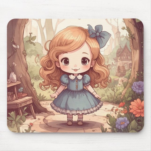 Cute Alice in Wonderland Whimsical Woodland Art Mouse Pad (Front)