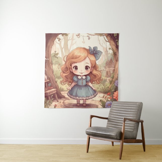 Cute Alice in Wonderland Whimsical Woodland Art Tapestry (In Situ)