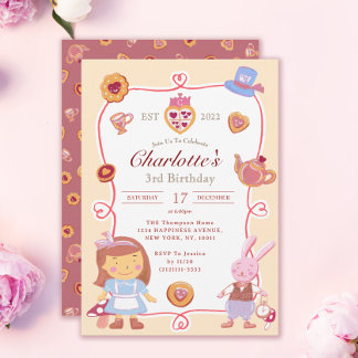 Cute Alice' Tea Party Cream Birthday Invitation