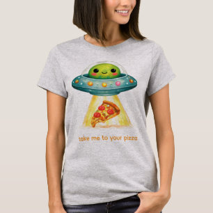 Cute Alien Abducting Pizza Funny UFO Food Lover T-Shirt
