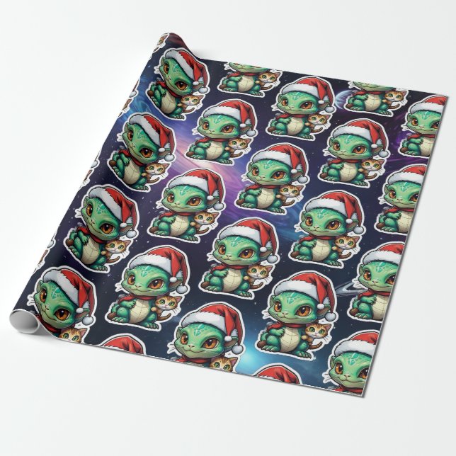 Cute Alien and Cat in Space Wrapping Paper (Unrolled)