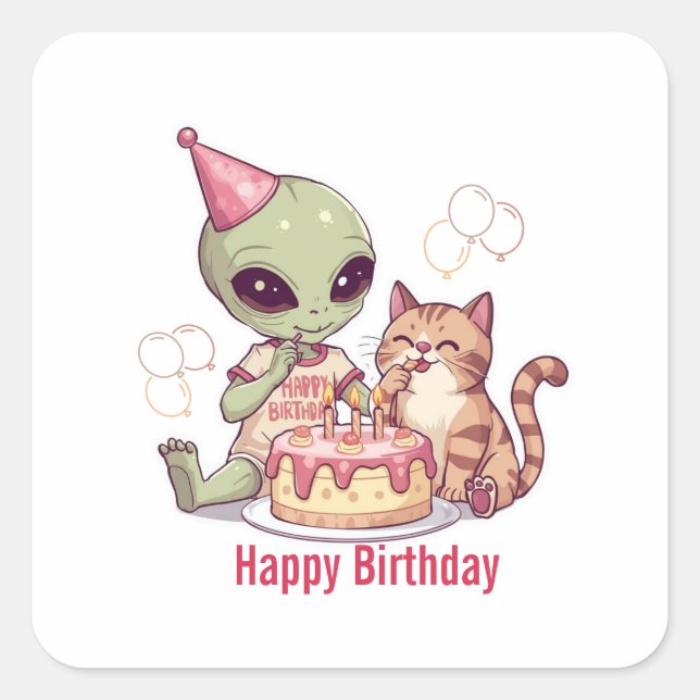 Cute Alien Birthday Party Design Square Sticker (Front)