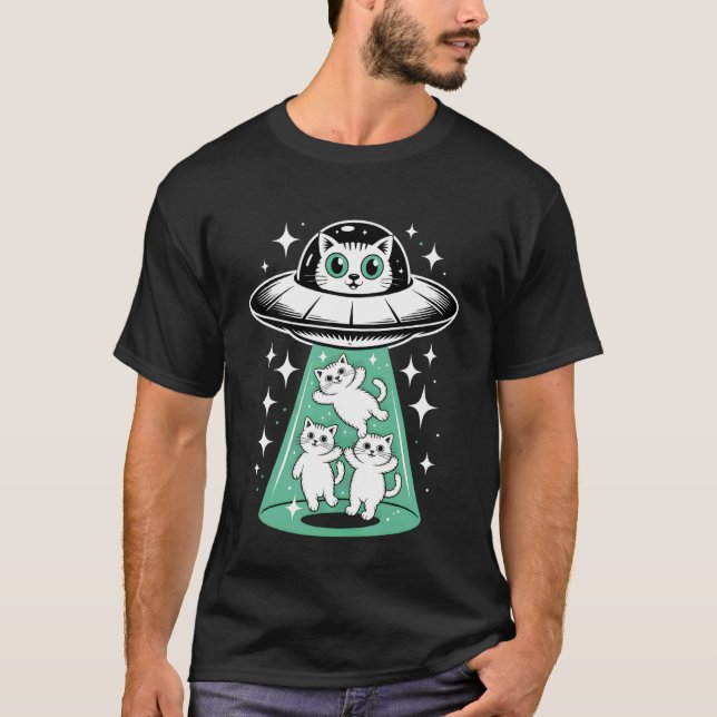 Cute Alien Cat Abduction Funny Space Kitty Design T-Shirt (Front)