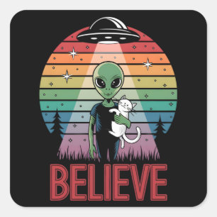 Cute Alien Cat Believe UFO Sunset Sticker