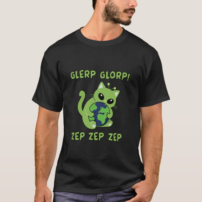 Cute Alien Cat Hugging Earth Funny Gnarp Cat Brain T-Shirt (Front)