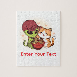 Cute Alien Cat Ramen Kawaii Art Jigsaw Puzzle