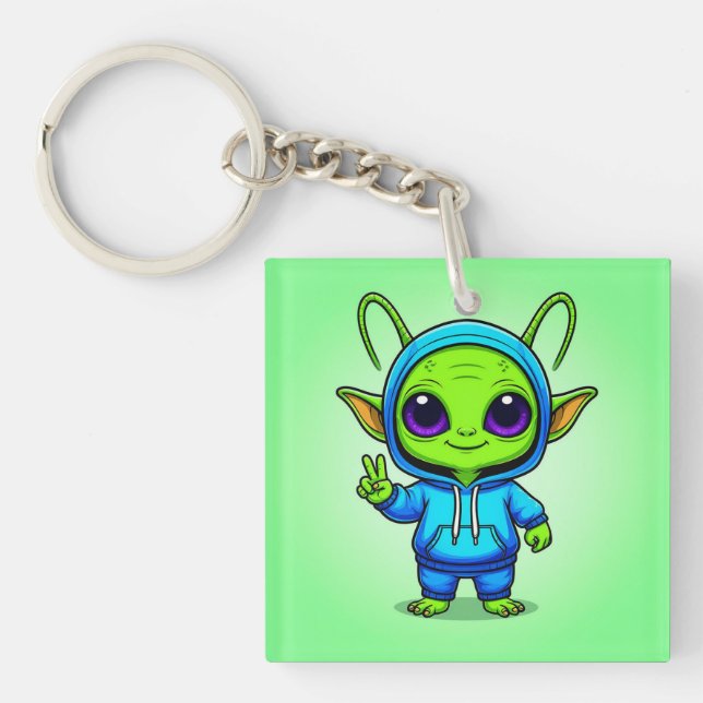 Cute Alien Character Posing in Colourful Outfit Keychain (Front)