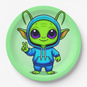 Cute Alien Character Posing in Colourful Outfit Paper Plate