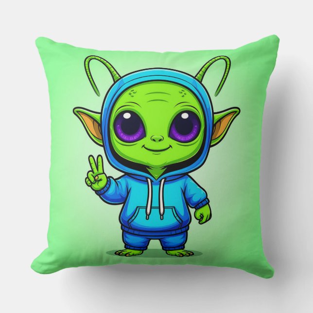 Cute Alien Character Posing in Colourful Outfit Throw Pillow (Front)