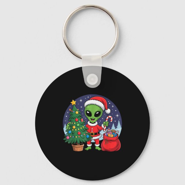 Cute Alien Christmas Tree Lights Xmas Holidays Win Keychain (Front)