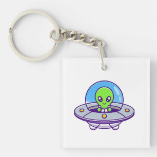 Cute Alien Flying in UFO Keychain
