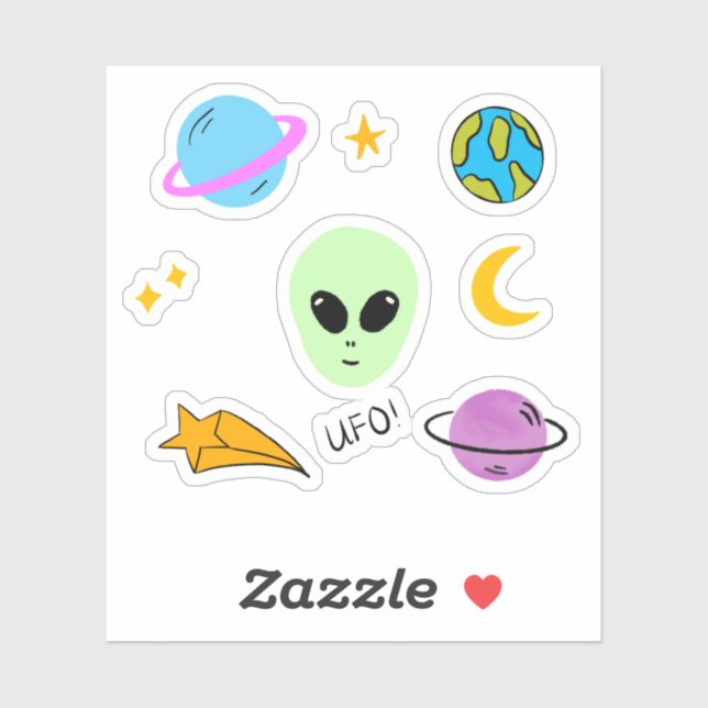 Cute Alien Head with Planets, UFO and Stars (Sheet)