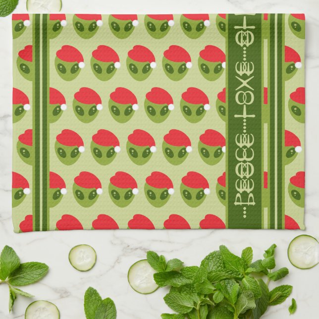 Cute Alien in Santa Hat Motif Your Text in Glyphs Kitchen Towel (Folded)