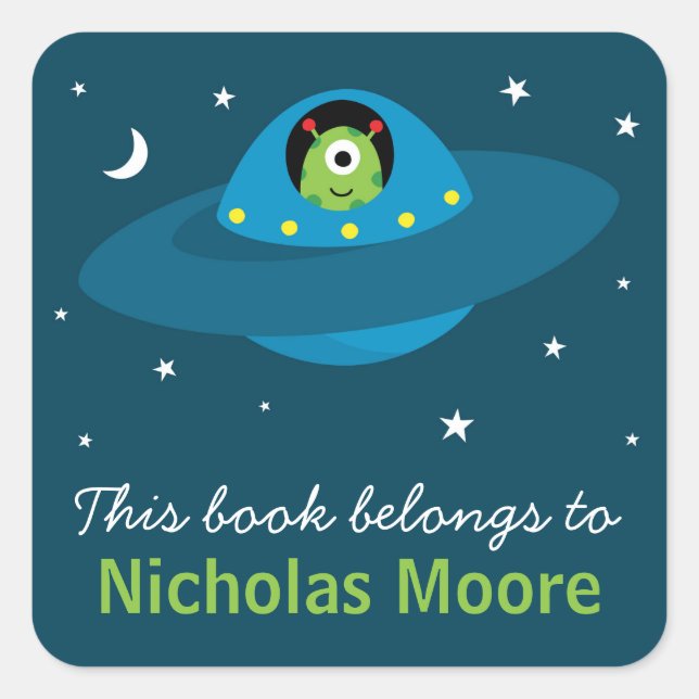 Cute alien in space personalized bookplate book square sticker (Front)