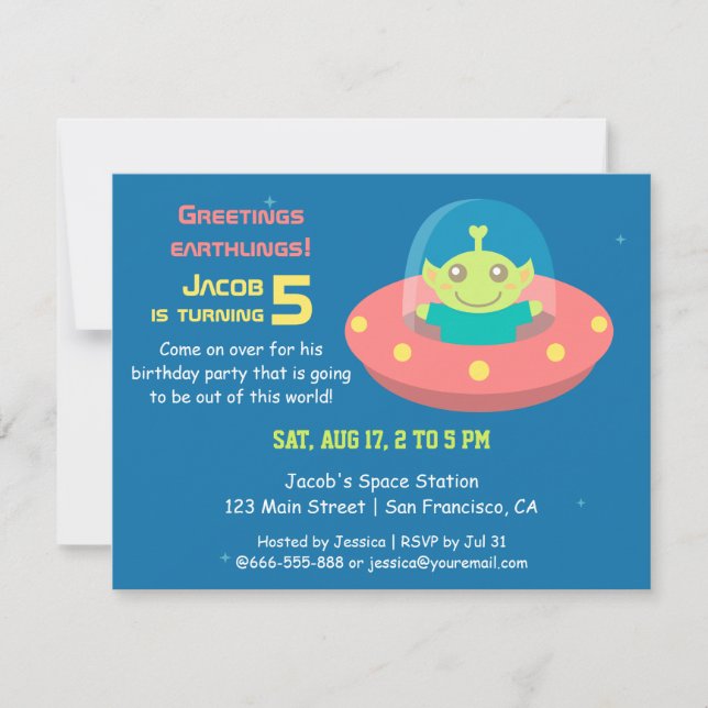 Cute Alien Outer Space Birthday Party Invitation (Front)