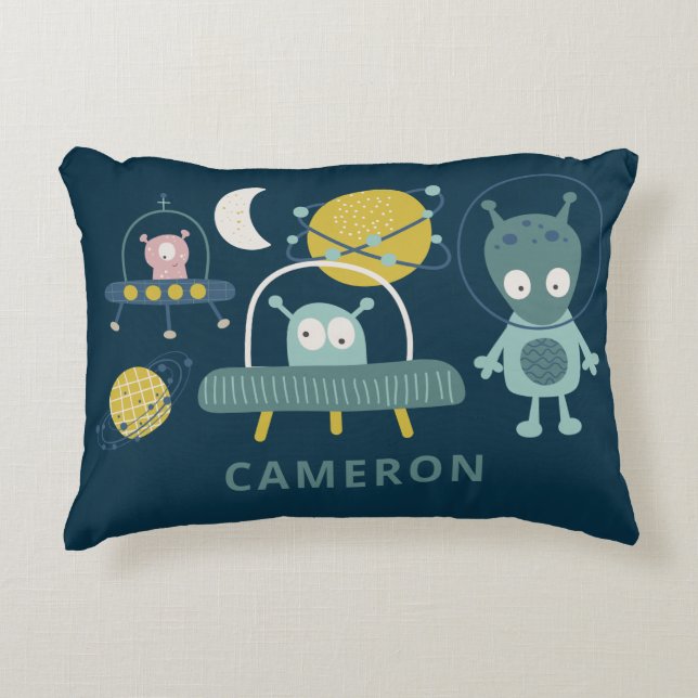 Cute Alien Space Planets Funny Blue Personalized Accent Pillow (Front)
