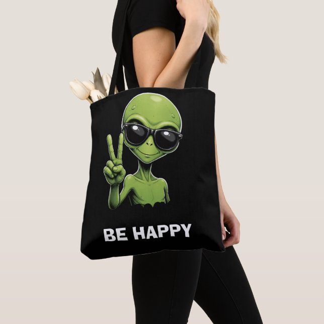 Cute alien two fingers up tote bag (Close Up)