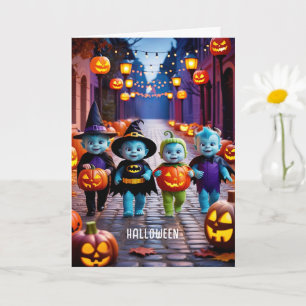 Cute Aliens Trick or Treaters Halloween Scene Card