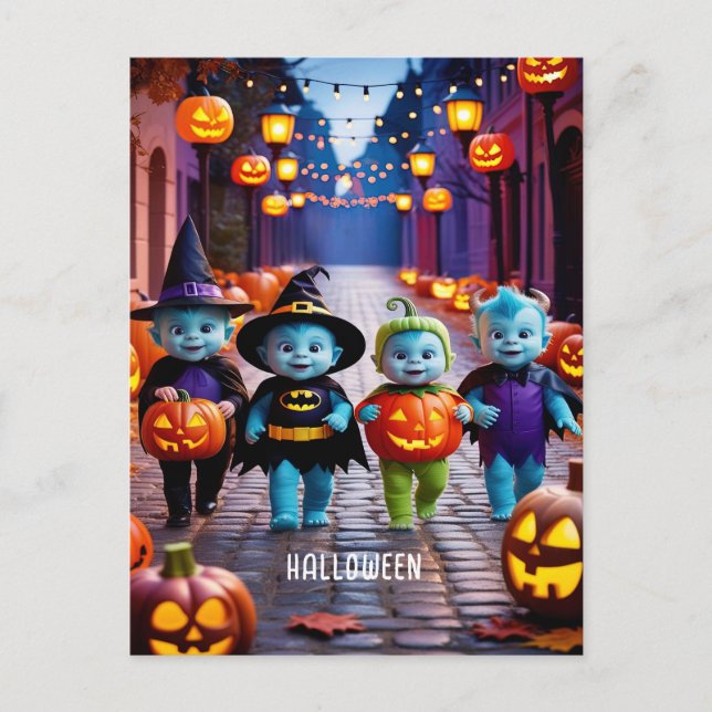 Cute Aliens Trick or Treaters Halloween Scene Postcard (Front)
