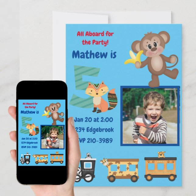 Cute All Aboard Jungle Theme 5th Birthday Party Invitation (Creator Uploaded)