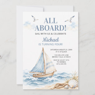 Cute All Aboard Nautical Sailboat 4th Boy Birthday Invitation