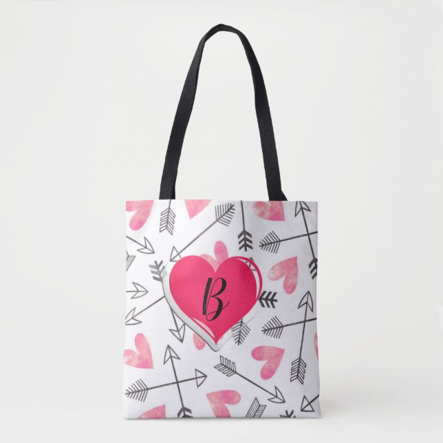 Cute All-Over Pink and Black Customizable Heart  Tote Bag (Front)