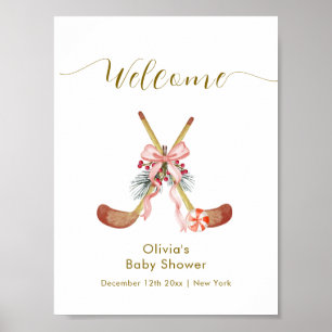 Cute All Stars Bow Hockey Girl Baby Shower Welcome Poster