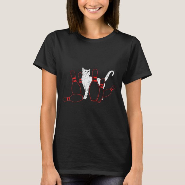 Cute Alley Cat Knocking Bowler Tipping Bowling Pin T-Shirt (Front)
