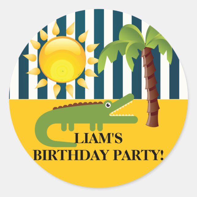 Cute Alligator Blue Green Yellow Birthday Sticker (Front)