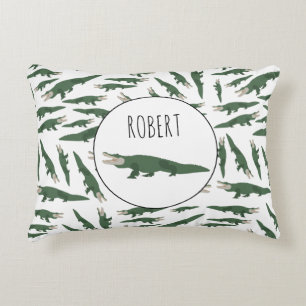Cute Alligator Crocodile Pattern Custom Name Accent Pillow